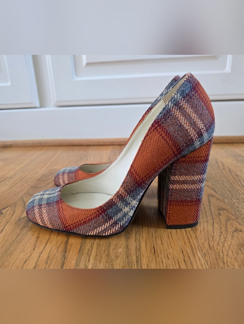 Bettye Muller Orange and Gray Plaid Block Heel Pumps - Picture 3 of 12